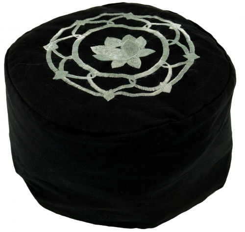 Embroidered meditation cushion with spelt filling - Lotus Mandala`black - 15x25x25 cm Ø25 cm