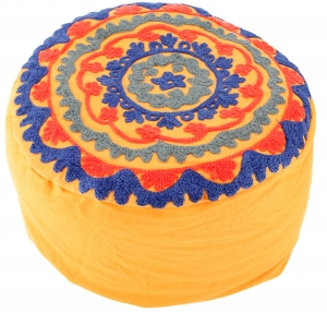 Embroidered meditation cushion with spelt filling, yoga cushion, seat cushion, floor cushion, decorative cushion - yellow/blue - 15x29x29 cm Ø29 cm