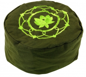 Embroidered meditation cushion with spelt filling - Lotus Mandala olive green - 15x25x25 cm Ø25 cm