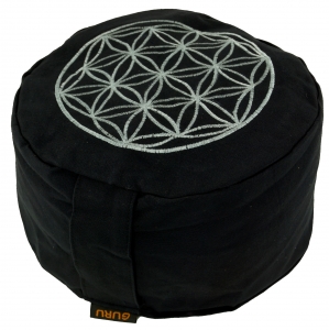 Embroidered meditation cushion with spelt filling - flower of life black - 15x25x25 cm Ø25 cm